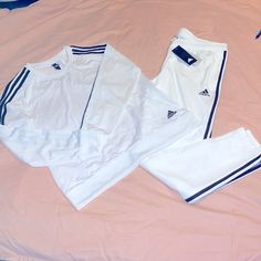 Adidas Triple Stripe Track Suit White With Black Stripes Pants Nwt Size Large Shirt Size Medium Has A Small Spot On Back Under The Arm Excellent Preowned Condition Bv103 Fitted White Adidas Sets, White Cotton Athleisure Sets, White Athleisure Loungewear Sets, White Fitted Casual Tracksuit, Adidas White Track Jacket With Three Stripes, Adidas White Long Sleeve Set, Fitted White Athleisure Set, White Long Sleeve Athleisure Sets, White Fitted Athleisure Set