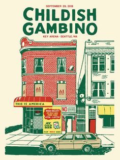 a poster for a restaurant called childishish gamboino, with a car parked in front