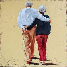 an oil painting of two men walking down the street with their backs to each other