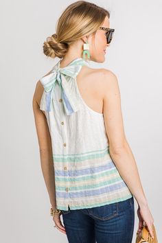 Mint Stripes Halter Top :: NEW ARRIVALS :: The Blue Door Boutique Striped Halter Neck Top For Spring, Spring Vacation Striped Halter Top, Striped Halter Neck Top For Summer, Striped Halter Neck Top For Vacation, Striped Halter Top For Spring Beach Outing, Striped Halter Top For Summer Beach, Striped Halter Neck Top For Beach, Spring Halter Neck Top With Tie Straps, Chic Striped Sleeveless Halter Top