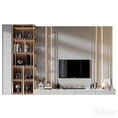 an entertainment center with shelves and a flat screen tv mounted on it's wall