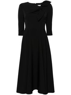 black stretch-design round neck bow detailing three-quarter length sleeves flared skirt unlined concealed rear zip fastening Neck Bow, Midi Dress Black, Church Outfits, Flared Skirt, Black Midi Dress, Bow Detail, Black Stretch, Cocktail Dress Party, Fall Dresses