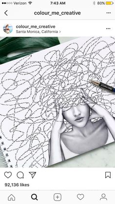 a drawing of a woman's head with words all over it and a pen