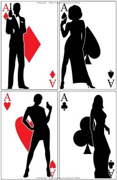 the silhouettes of two people in suits, one holding a heart and playing cards