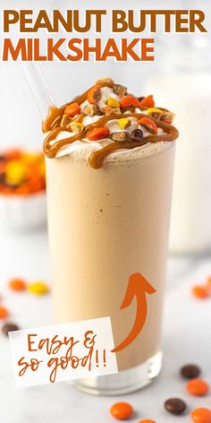 the peanut butter milkshake is ready to be eaten and served with candy corn