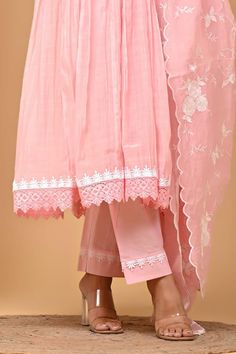 Blush pink front yoke gathered kurta with lace embellishment. Paired with coordinating pant and floral embroidered dupatta. - Aza Fashions Gathered Anarkali, Embroidered Dupatta, Embroidery Floral, Lace Neckline, Pants Pattern, Pant Set, Set For Women, Anarkali, Aza Fashion