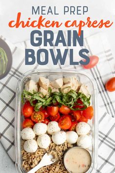 chicken caprese grain bowls with tomatoes and mozzarella