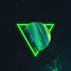 a triangle shaped object in the middle of a night sky with stars and green neon lights