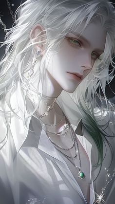 an anime character with white hair and green eyes