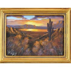 an oil painting of a desert landscape with cactus trees and mountains in the background at sunset