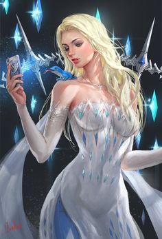 a woman dressed in white holding a cell phone and looking at the camera while standing next to an ice queen