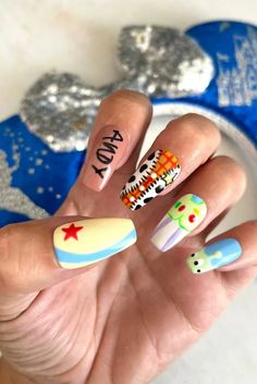 Toy Story Disney Pixar Nails. Press on Nails. Disney Nail Art Nail Art Designs Disney, Disney Character Nails, Cute Disney Nails, Trip Nails, Character Nail Art, Practice Nails, Little Mermaid Nails