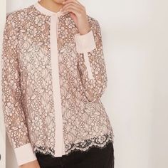 Brand New, Never Worn! Theres A Tank Attached Underneath So The Lace Is Not See-Through. Elegant Pink Lace Top Blouse, Elegant Pink Lace Top, Feminine Fitted Lace Top For Workwear, Feminine Long Sleeve Lace Top For Work, Chic Cream Lace Top, Chic Spring Lace Top For Work, Preppy Tops, Silk Long Sleeve Blouse, White Short Sleeve Blouse