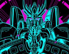 an image of a sci - fi character in neon blue and pink colors on a black background