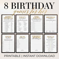 the 8 birthday games for her printable instant game is shown in gold and black