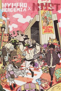 an image of cartoon characters in front of a building with many other people around it