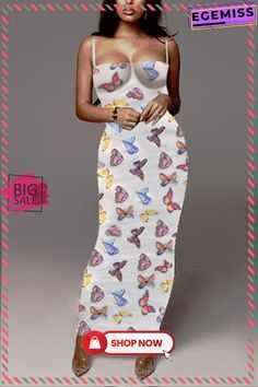 Butterfly Sexy Fashion Printed Sling Long Dress White Maxi Dress For Club In Spring, Trendy White Sleeveless Maxi Dress, White Spring Club Maxi Dress, Stretch Maxi Dress For Club And Spring, Spring Stretch Maxi Dress For Club, Stretchy Maxi Dress For Spring Clubbing, Spring Club Maxi Dress With Halter Neck, Spring Halter Neck Maxi Dress For Club, Spring Fitted Sling Maxi Dress