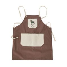 a brown apron with white straps and an embroidered tree on the front, is shown