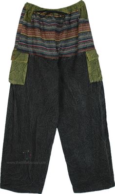 These wide-leg, stonewashed cotton pants are a comfortable and versatile piece for both men and women.  The pants are 42 inches long and fit up to an XL size, with an elastic waistband that stretches from 26 to 38 or even 42 inchesmax for a relaxed fit. #tlb #SplitSkirtsPants #bohemianfashion #Handmade #XLPlus #BigHippePants Cotton Stonewashed Washed Black Bottoms, Stonewashed Cotton Bottoms In Washed Black, Washed Black Stonewashed Cotton Bottoms, Stonewashed Washed Black Cotton Bottoms, Cotton Wide Leg Bottoms Pre-washed, Wide Leg Pre-washed Cotton Bottoms, Pre-washed Cotton Wide-leg Bottoms, Bohemian Wide Leg Cargo Pants With Pockets, Bohemian Wide-leg Cargo Pants