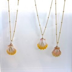 Sunrise Shells Can Only Be Found Off The Hawaiian Shores. They Have Wonderful Significance Here In The Islands And Are Highly Sought After. They Necklaces Are Made With 14k Gold Fill Chains Sunrise Shell Necklace, Orange Necklace With Adjustable Chain As Gift, Orange Necklace With Adjustable Chain For Gift, Sunrise Shell Jewelry, Leo Necklace, Genuine Pearl Necklace, Peacock Pendant, Swarovski Heart, Chunky Chain Necklaces