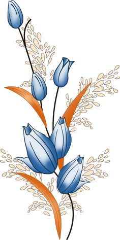 blue flowers with orange stems on a white background