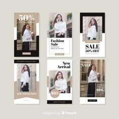 four instagrams for fashion sale with woman in white shirt and black pants