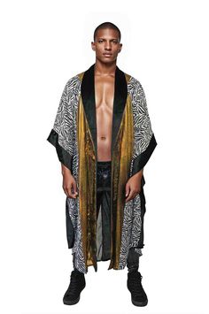 Man wearing a gold and black velvet kimono from Love Khaos. Celestial Kimono, Black And Gold Kimono, Gold Kimono, Celestial Style, Gloves Dress, Summer Boats, Summer Boat, Velvet Kimono, Golden Ticket