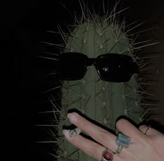 a woman's hand with two rings on her fingers next to a cactus in the dark