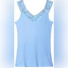 Sky Blue Tank Top With Lace V Neck. Brand New Still In Plastic. Size Is An Xl. Undershirt For Layering Or Tank Top Or Sleep Top. Super Comfy Soft Ribbed Knit With Soft Lace That Isn’t Scratchy Light Blue Camisole Tops For Spring, Blue Camisole Top For Spring, Blue Spring Camisole Top, Blue Stretch Camisole Top, Light Blue Stretch Camisole Top, Blue Cotton Cami Top, Light Blue V-neck Camisole For Spring, Affordable Light Blue V-neck Tank Top, Blue Lace Trim Camisole Top