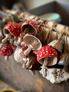 several mushrooms are hanging on the wall with laces around them and they look like they have been made out of wood