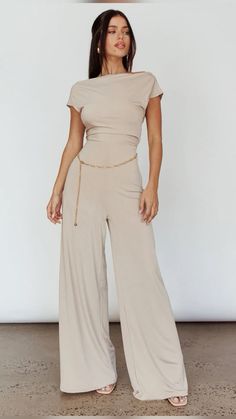 Fitted Wide Leg Jumpsuit Or Romper In Solid Color, Versatile Wide Leg Jumpsuit Or Romper, Wide Leg Stretch Jumpsuits And Rompers In Solid Color, Stretch Wide Leg Jumpsuits And Rompers In Solid Color, Stretch Solid Color Wide Leg Jumpsuits And Rompers, Beige Fitted Wide Leg Jumpsuits And Rompers, Beige Fitted Wide-leg Jumpsuits And Rompers, Wide Leg Jumpsuit Casual, Cute Jumpsuits