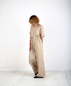 Linen Jumpsuit - Oversize Beige Linen Jumpsuit - V Neck Jumpsuit - Women Overall - Wide Leg Jumpsuit - Linen Romper - Handmade by OFFON Beige Linen Casual Jumpsuits And Rompers, Beige Linen Overall Jumpsuits And Rompers, Beige Linen Overalls Jumpsuit, Relaxed Fit Linen Jumpsuit With V-neck, Beige Linen Jumpsuits And Rompers For Loungewear, Beige Linen Overalls, Jumpsuit Linen, Oversized Jumpsuit, Palazzo Jumpsuit