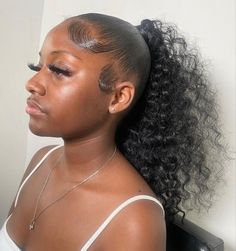 Sleek Ponytail With Extensions, Braided Hairstyles Slick Back, Slick Ponytail Curly Weave, Curly Ponytail Slick Back, Slick Back With Curly Ponytail, Slick Back Braided Ponytail Weave Curly, Curly Bundle Ponytail, Ponytail With Tracks, Curly Sleek Ponytail