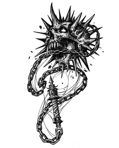 a black and white drawing of a demon with spikes on it's head, surrounded by chains