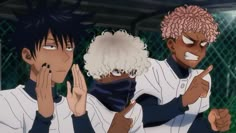 two anime guys with white hair and one is pointing to the side while another man holds his hand up