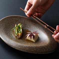 someone is holding chopsticks to some food on a plate