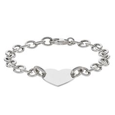 "Accessorize your look with this beautifulÂ bracelet. Accessorize your look with this beautifulÂ bracelet. Packaging: boxed Metal: sterling silver Length: 8.5 in. Plating: rhodium Finish: polished Additional details: nickel free Size: 8"". Gender: female. Age Group: adult." Elegant Silver Heart Name Bracelet, Classic Heart Bracelets With Lobster Clasp, Elegant Silver Name Bracelet With Heart Charm, Elegant Personalized Heart Metal Bracelet, Classic Heart-shaped Bracelet With Lobster Clasp, Classic Heart-shaped Bracelets With Lobster Clasp, Heart-shaped Sterling Silver Bracelets With Clasp, Elegant Heart-shaped Sterling Silver Charm Bracelet, Silver Nickel-free Oval Link Charm Bracelet