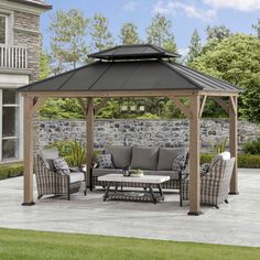 SUNJOY 10x12 Wood Gazebo with 2-tier Metal Roof and Ceiling Hook. Wood Gazebo, Outdoor Structure, Brown Roof, Steel Roof, Wooden Gazebo, Hardtop Gazebo, Wood Frame Construction, Patio Fire Pit, Wood Burning Fires