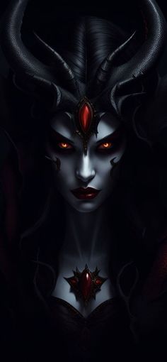 an evil woman with horns and red eyes