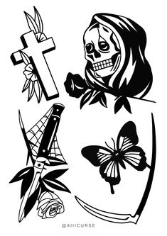 the cross, skull and butterfly tattoo designs are shown in black and white on a white background