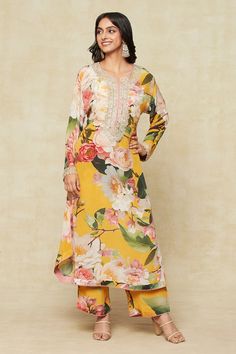 Yellow straight long kurta with all-over floral prints and embroidered yoke and sleeve hem. Comes with coordinating printed pant. - Aza Fashions Anushree Reddy, Long Kurta, Indian Suits, Yellow Print, Co Ord Set, Pants Pattern, Co Ord, Set For Women, Yellow Floral