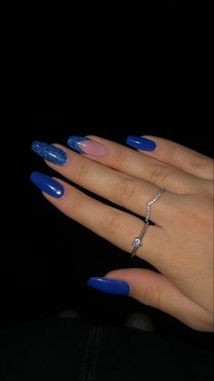 Nail Ideas For Royal Blue Dress, Blue Homecoming Nails Acrylic, Homecoming Blue Nails, Blue Hoco Nails Acrylic, Blue Nails For Homecoming, Dark Blue Hoco Nails, Nails W Designs, Royal Blue Homecoming Nails, Royal Blue Hoco Nails