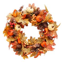 an image of a wreath with autumn leaves and acorns on the front side