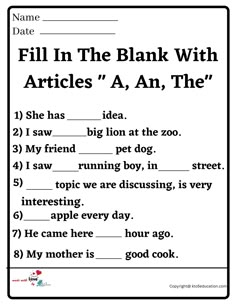 fill in the blank with articles a, an, the