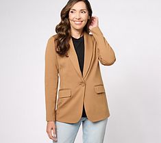 You're going places -- and so is this Susan Graver ponte knit blazer. Tailored with flattering details like princess seams (no boxy look here!), it's the perfect one-button piece to polish off your workday look.  But this blazer isn't strictly a 9-to-5'er. Thanks to the silhouette-softening ponte knit, it works overtime with jeans and a tee for weekend excursions (without feeling overdressed). On-duty or off, this outfit completer marries happily with midis, maxis, skinny jeans, or wide-leg trou Tan Blazer, Petite Jacket, Susan Graver, Fitted Style, Knit Blazer, Princess Seams, Blazer Fashion, Look Here, Princess Seam