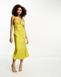 ASOS DESIGN satin bias cut plunge racer back midi dress in moss green | ASOS Dresses Dresses, Summer Inspiration, White Maxi, White Midi Dress, White Maxi Dresses, Moss Green, Racer Back, Summer Essentials, Green Fashion