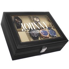 "This personalized watch case is the perfect gift for that special 'watch lover' in your life. This classy, black, brown, rosewood or distressed wood watch storage box makes the perfect groomsmen gift, birthday gift, wedding gift, wedding party gift or any special occasion gift. Choose from either a 6 slot case or a 10 slot case. 10 Slot Watch Box measures 10\" x 8\" x 3\" 6 Slot Watch Box Measures 8\" x 6.5\" x 3 Please contact me if you would like a listing of 6 or more at a discounted price! Customizable Black Watch As A Gift, Customizable Black Watch As Gift, Customizable Black Watches As Gift, Customizable Black Watches For Gifts, Modern Black Box Watch Accessories, Rectangular Black Watch As A Gift, Black Rectangular Watch For Gift, Rectangular Black Watch As Gift, Modern Black Box-shaped Watch Accessories