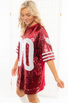 Calling all tailgate queens! We hope you have your party pact because you're going to want to have fun in our Garnet Sequin Jersey Dress! This stunning sequin dress is the perfect addition to your tailgate wardrobe! Featuring garnet sequins, short sleeves, and a mini hem, in this dress you're ready to party!Features: Garnet SequinsJersey graphicLined Boxy FitOne Size fits most Bust: 48in Length: 33in Sequin Jersey Dress, Sequin Jersey, Gameday Dress, Jersey Dress, Sequin Dress, Garnet, Have Fun, Sequin, Short Sleeves