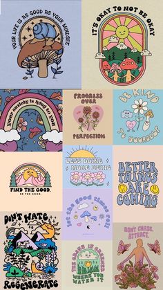 several different colored posters with various designs on them