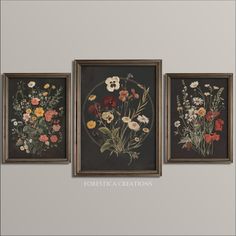 three floral paintings hanging on the wall